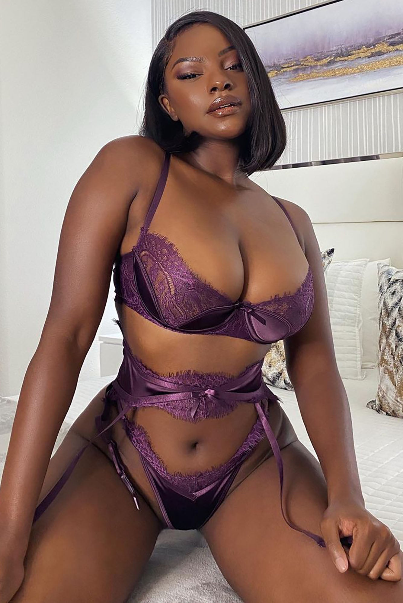 Careful With My Heart Lace Garter 3 Piece Set - Eggplant Online Sale
